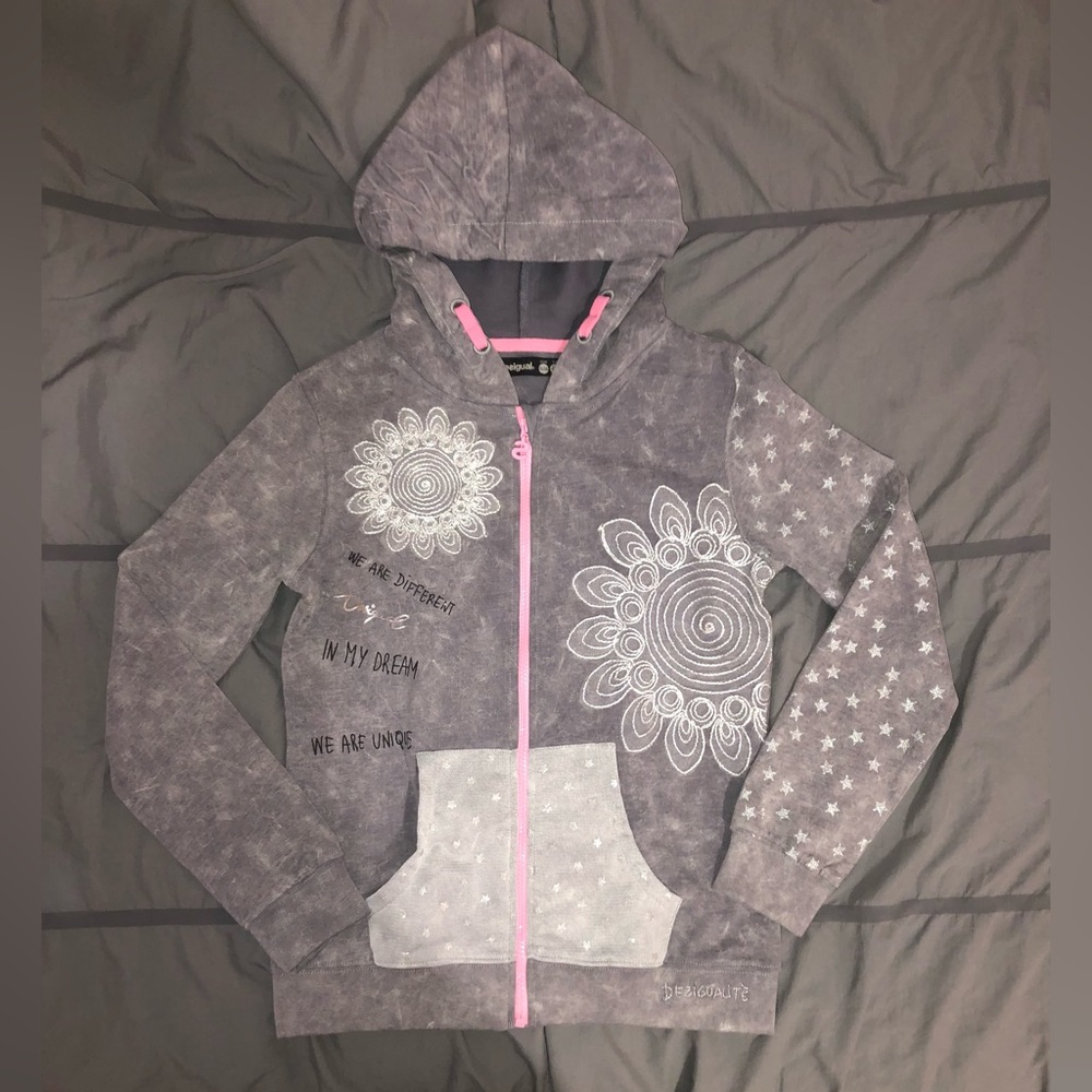 Desigual Glitter Embroidered Hoodie Size 11/12 Years Stars Flower Dreams